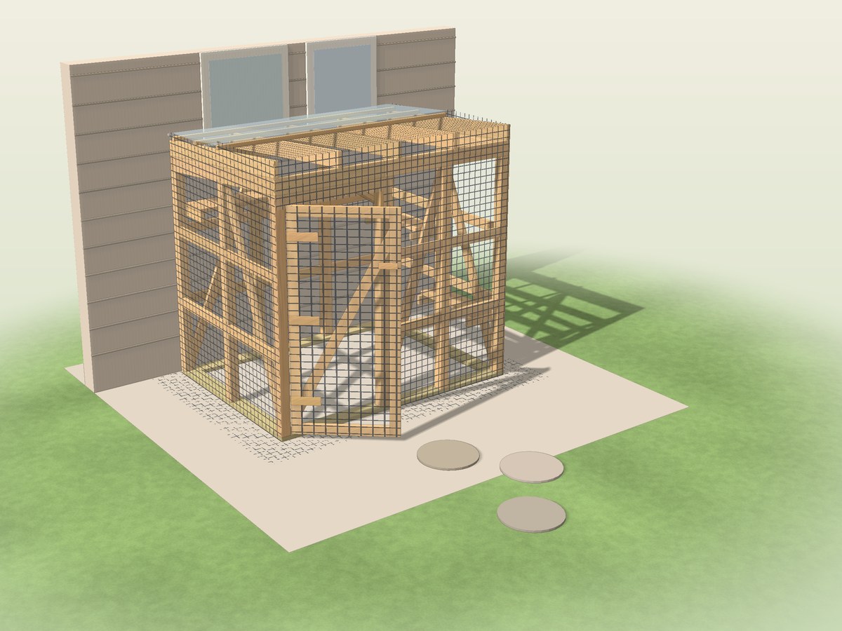 6 x 8 ft walk-in catio with wire walls, a framed door and a sloped roof on a gravel pad