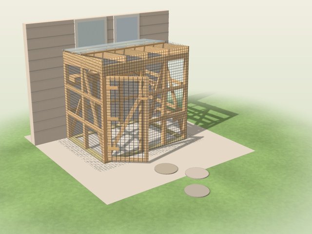 6 x 8 ft walk-in catio with wire walls, a framed door and a sloped roof on a gravel pad